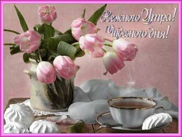 открытки с добрым утром Красивые открытки с добрым утром, открытки с красивыми пожеланиям Открытка нежного утра чудесного дня, букет с тюльпанами, зефир, чашка с чаем